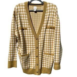 Joie Oversized Gingham Plaid Button Front Cardigan Yellow Mustard White Sz XL